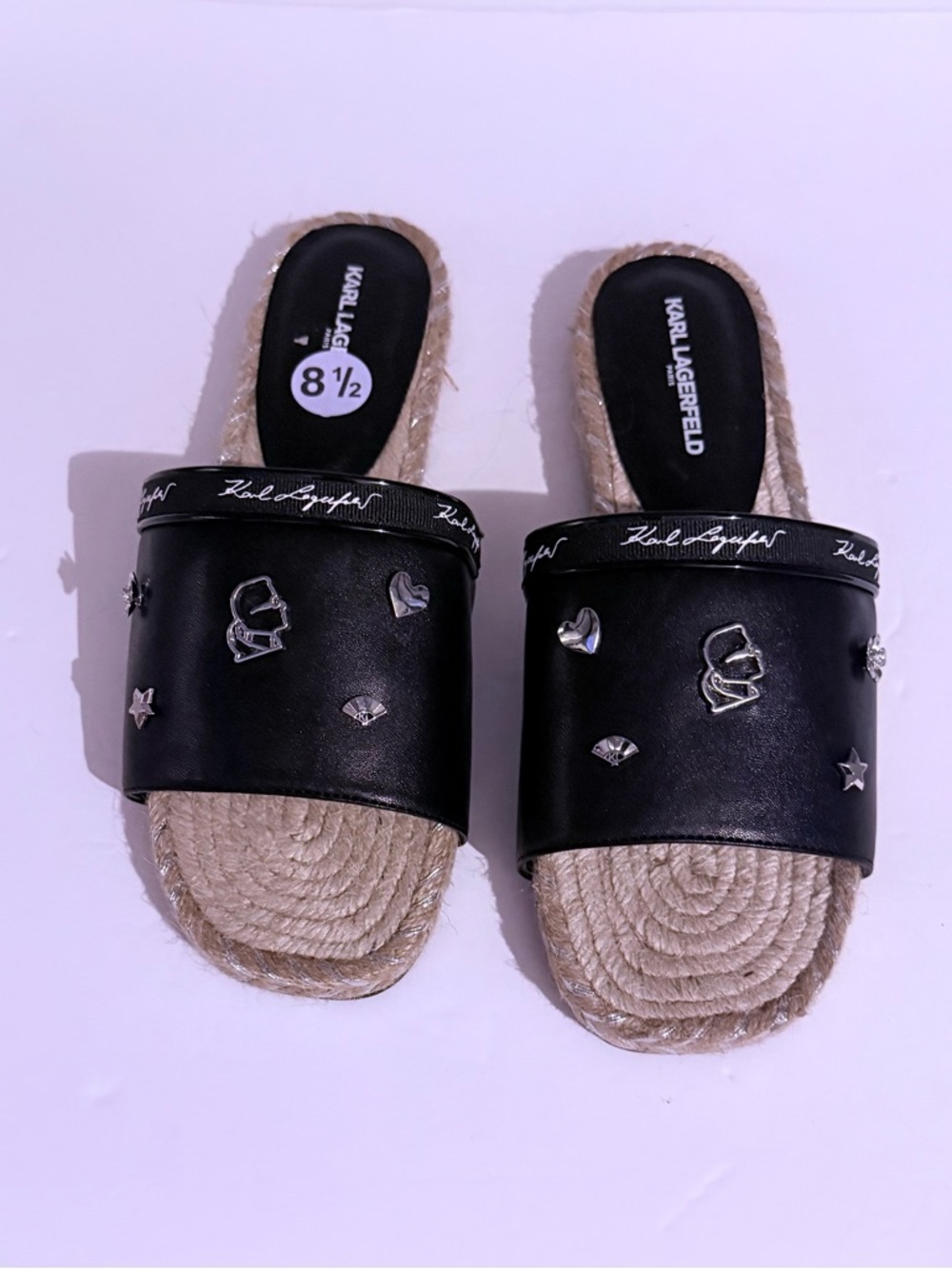 Karl Lagerfeld Black Slide Sandal with Silver Stud Charms